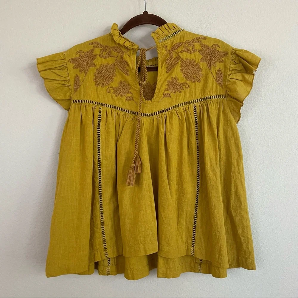Ivy Jane Marigold Embroidered Ruffle Boho Tie Back Blouse Size S/M - Picture 5 of 6
